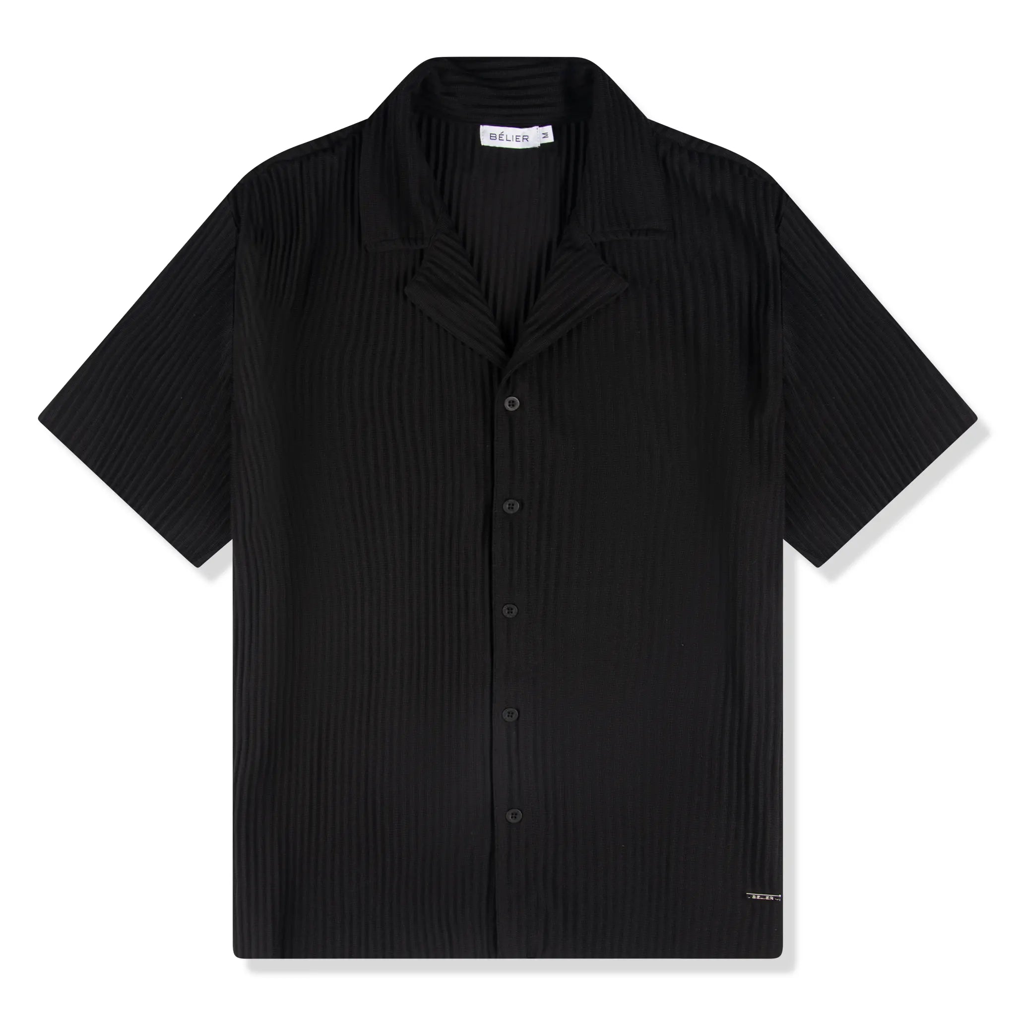 Front view of Belier Pleated Short Sleeve Black Resort Shirt BM-073